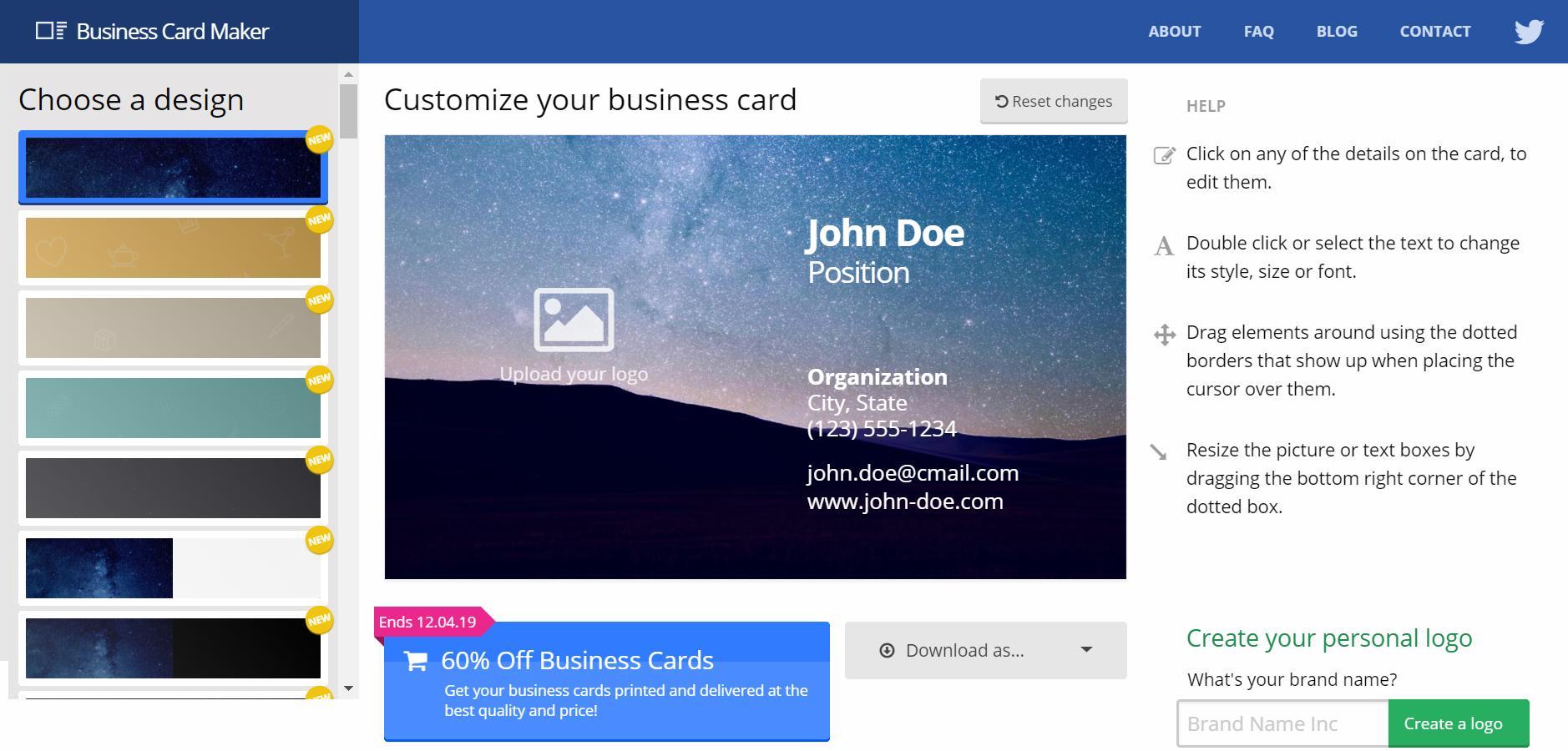 Инструмент для создания визиток Business Card Maker